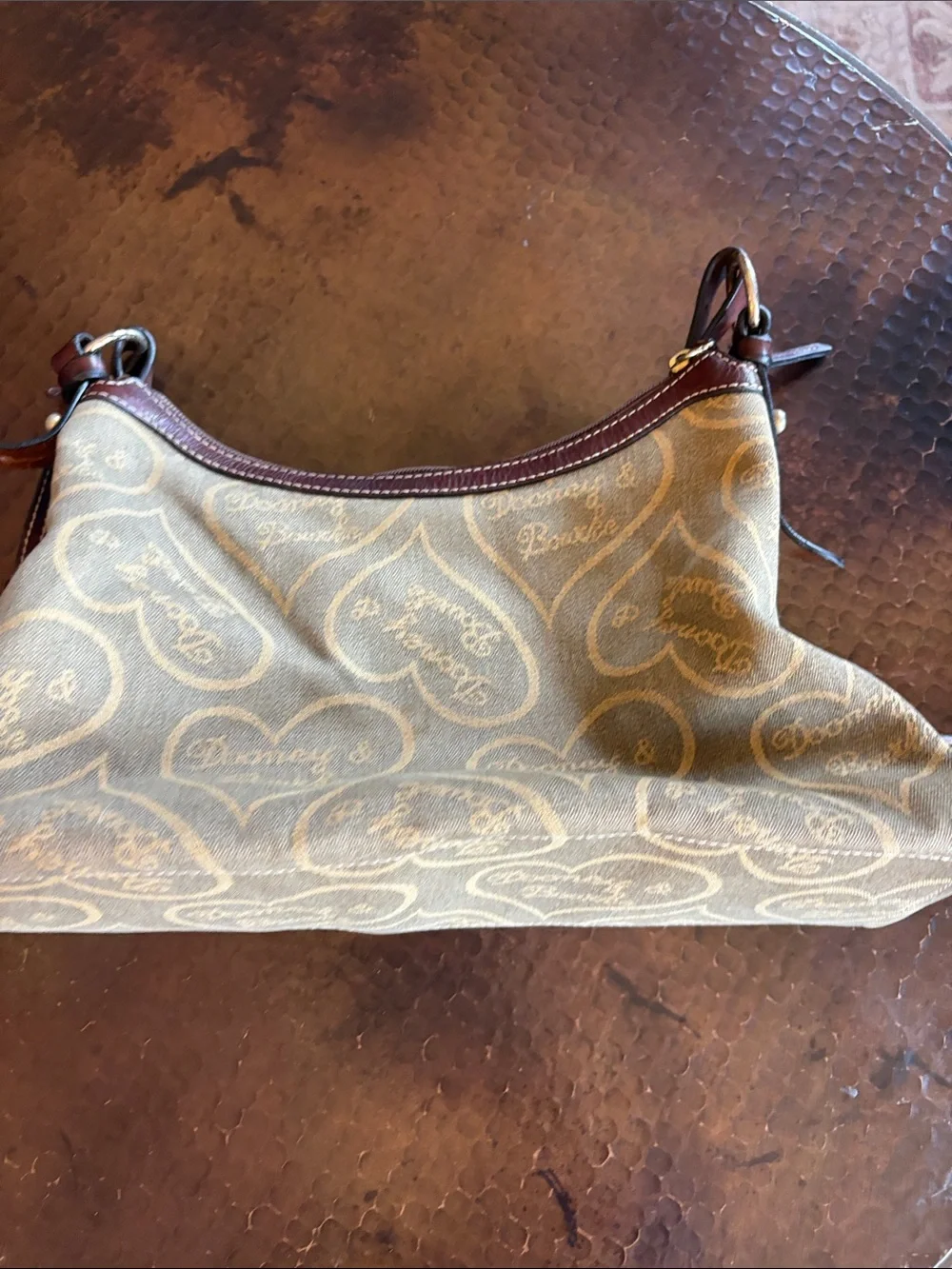 Vintage Dooney & Bourke Heart Monogram Leather Hobo Bag Beige Brown